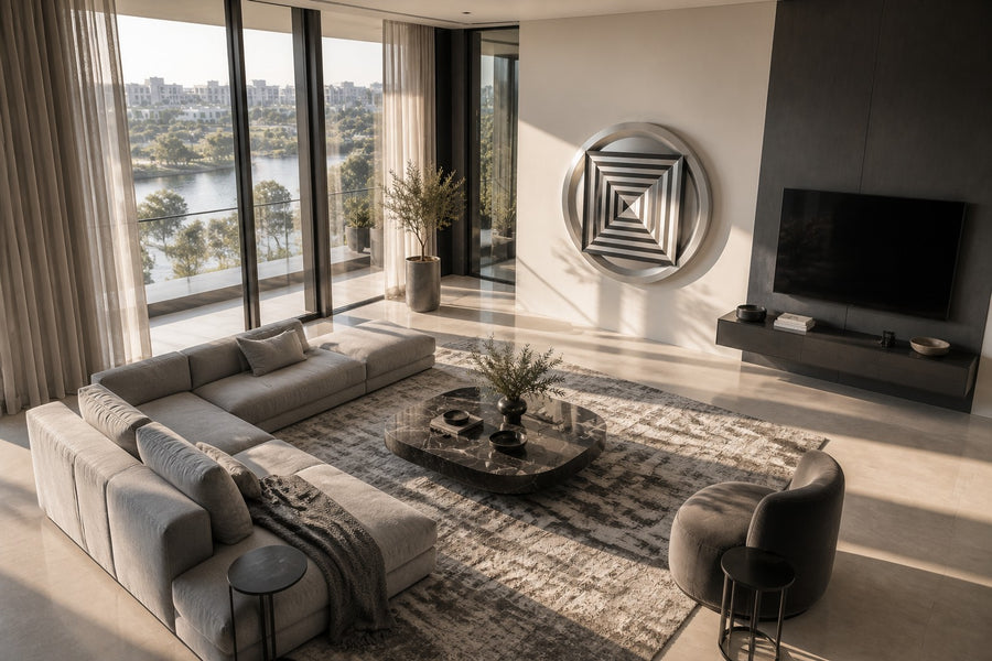Kasane — Ø 200 cm brushed stainless steel circular wall relief with a stepped square pyramid, seen from above in the room