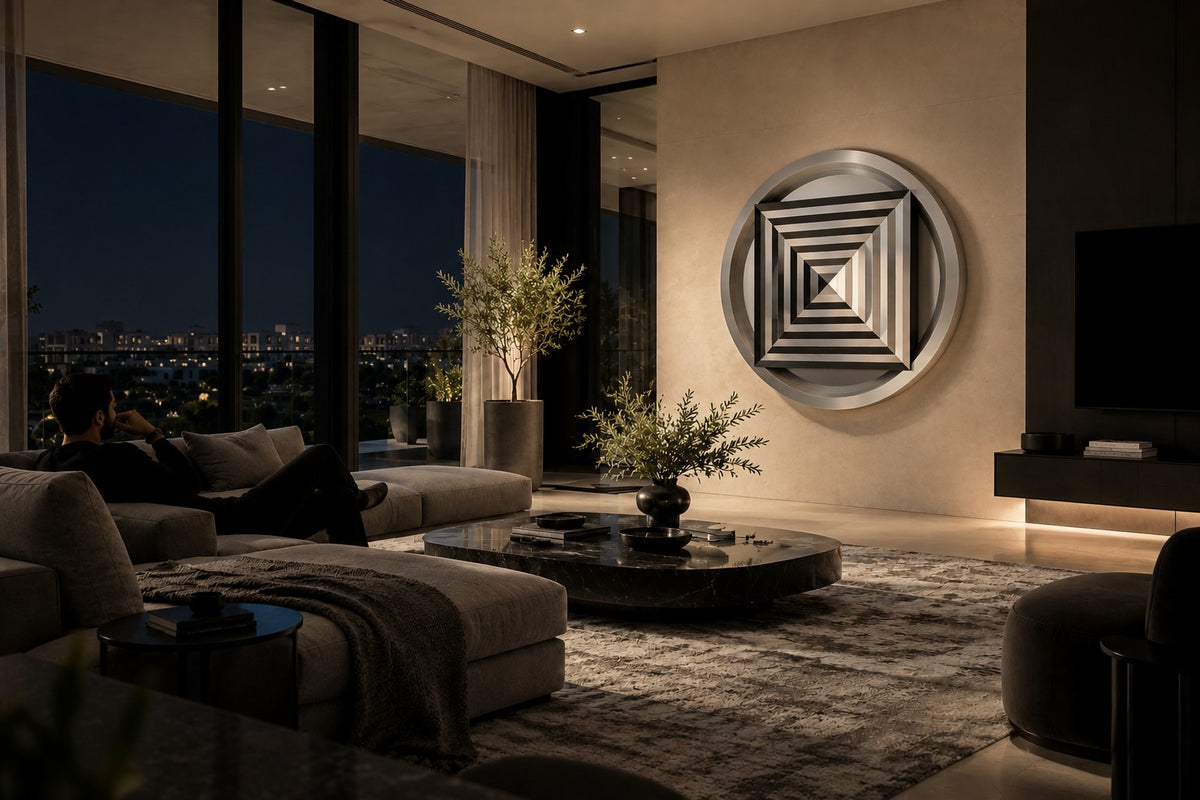 Kasane — Ø 200 cm brushed stainless steel circular wall relief with a stepped square pyramid, the same room at night, lamps on