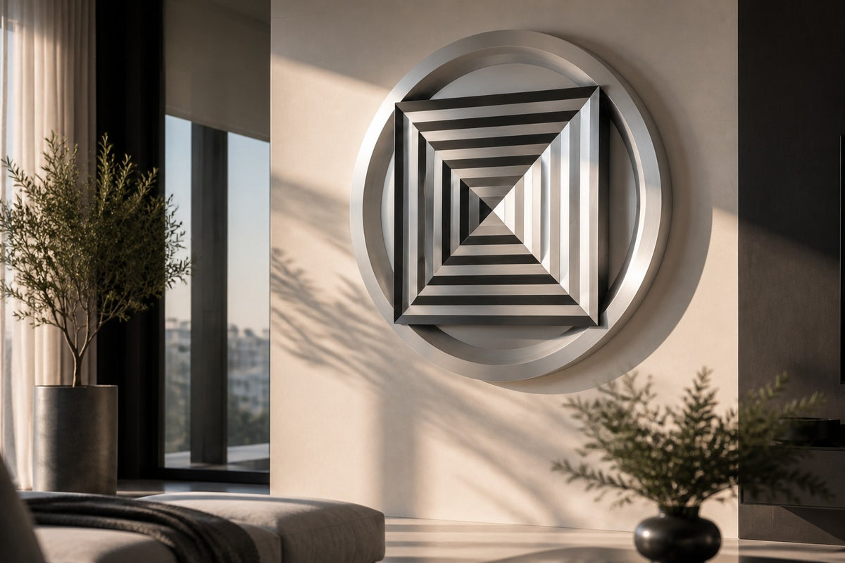 Kasane — Ø 200 cm brushed stainless steel circular wall relief with a stepped square pyramid, close view on the wall