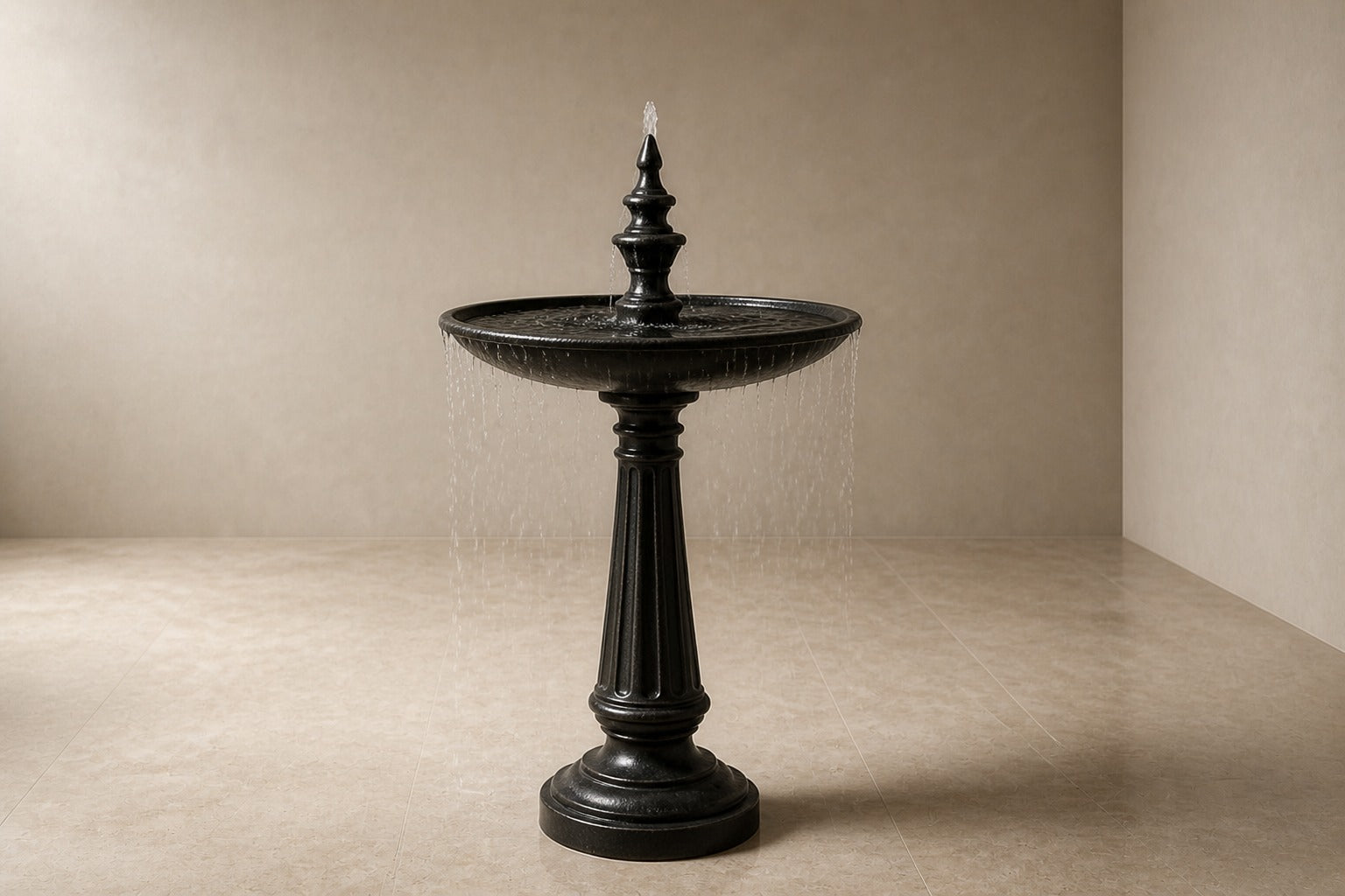 Stone pedestal fountain Kasumia Ø65, matte charcoal, on a pale stone floor.