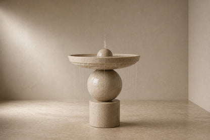 Stone pedestal fountain Kathib Ø65, pale warm stone, on a pale stone floor.