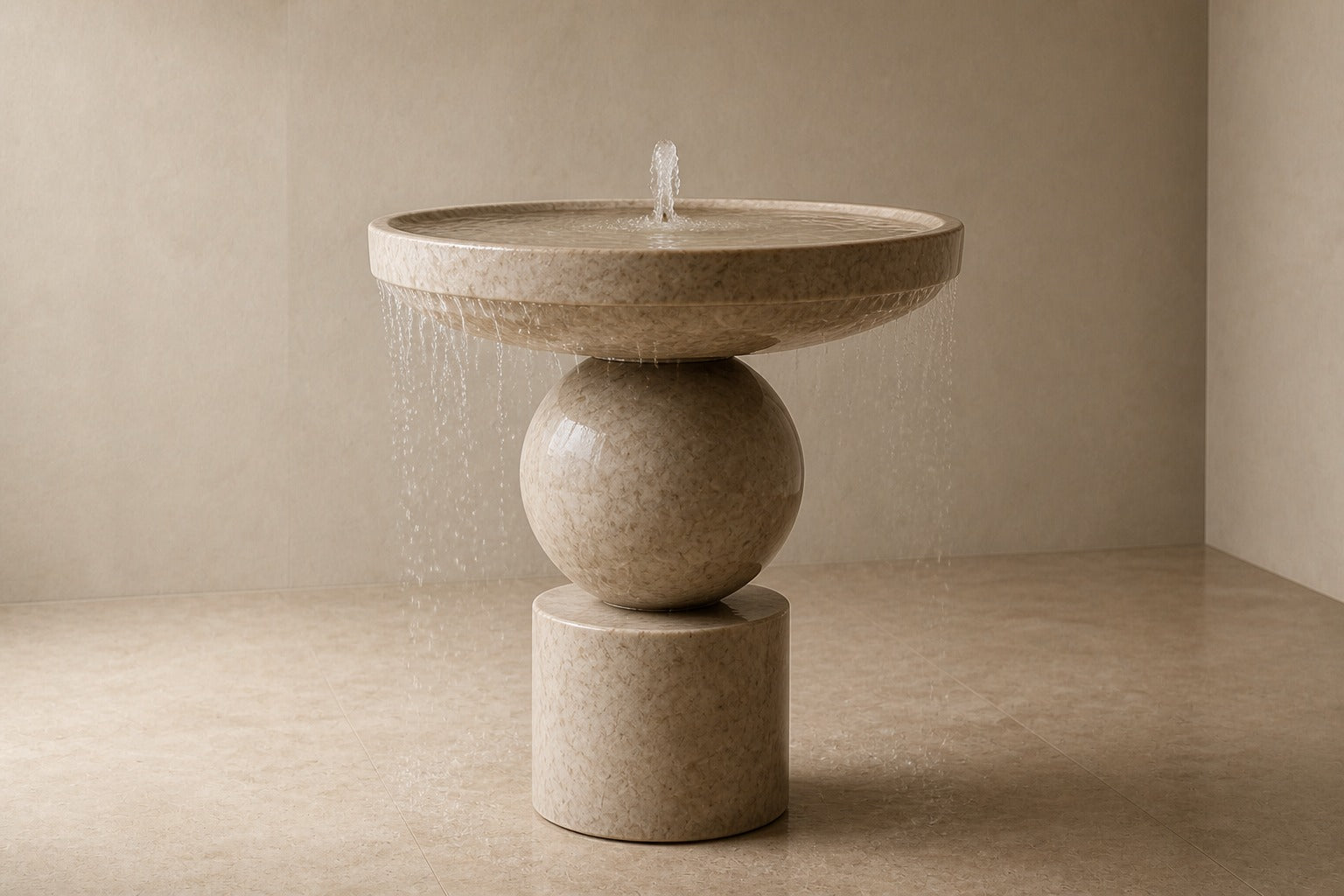 Stone pedestal fountain Kathib Ø65, pale warm stone, on a pale stone floor.