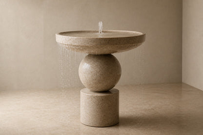 Stone pedestal fountain Kathib Ø65, pale warm stone, on a pale stone floor.