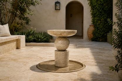 Stone pedestal fountain Kathib Ø65, pale warm stone, on a pale stone floor.