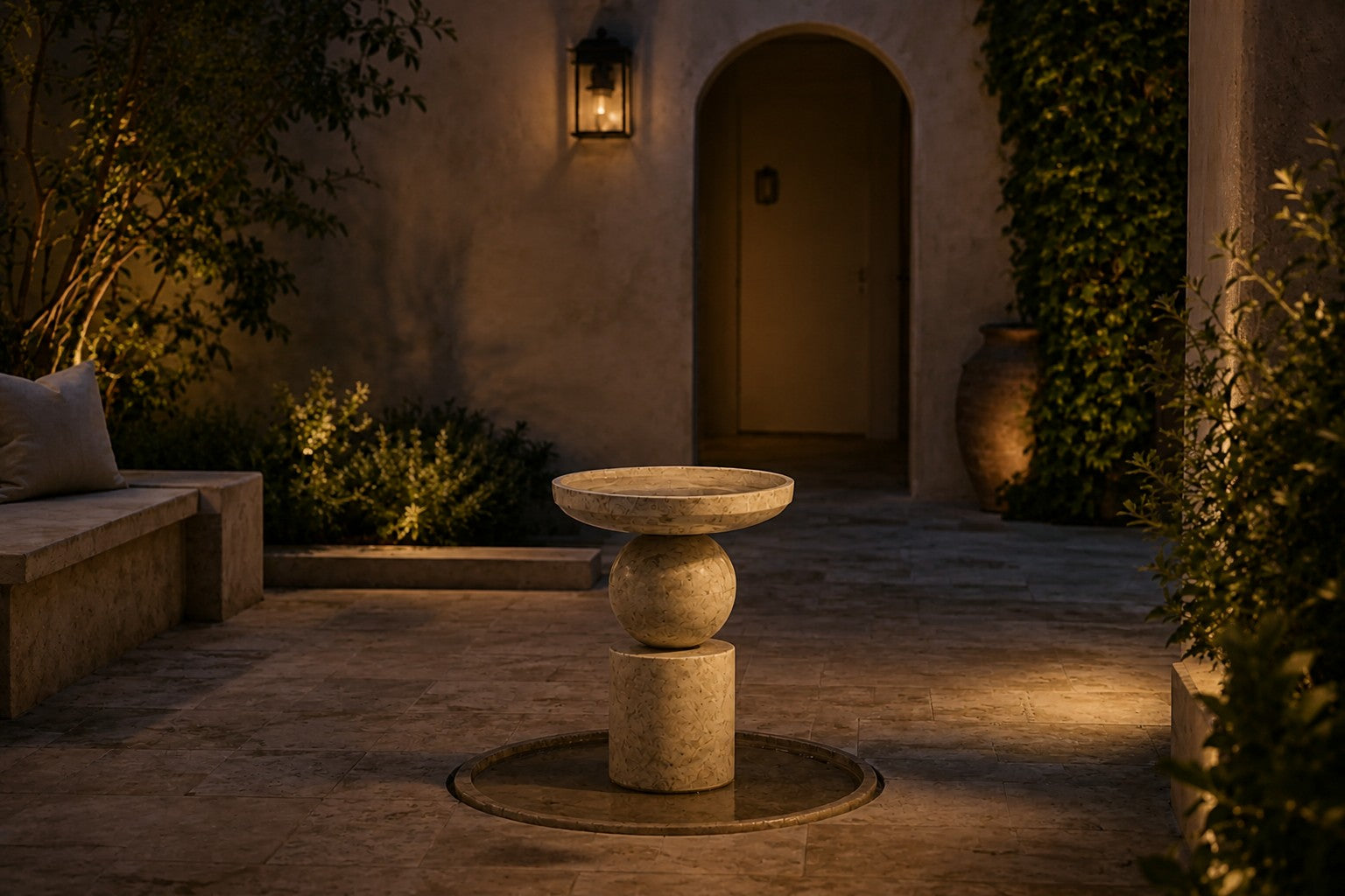 Stone pedestal fountain Kathib Ø65, pale warm stone, on a pale stone floor.