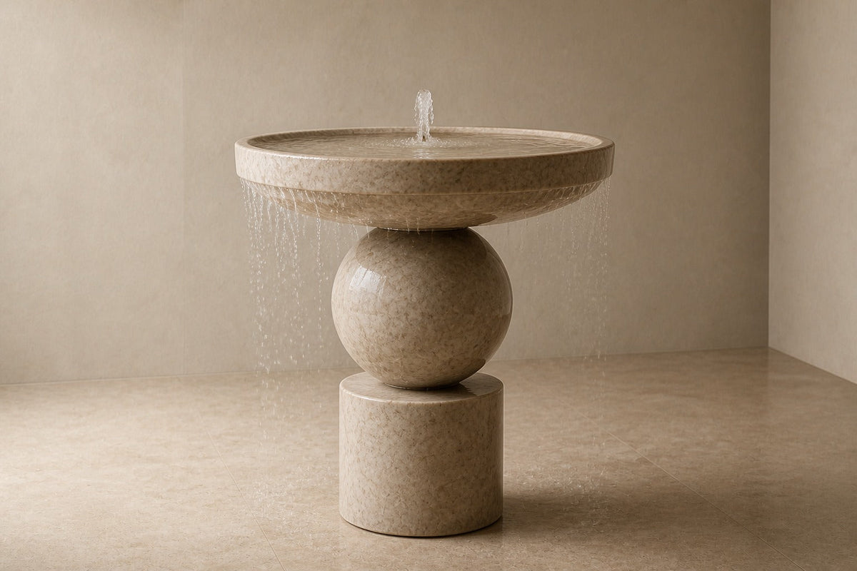 Kathib Ø65 stone pedestal fountain, three-quarter studio view showing its profile and base