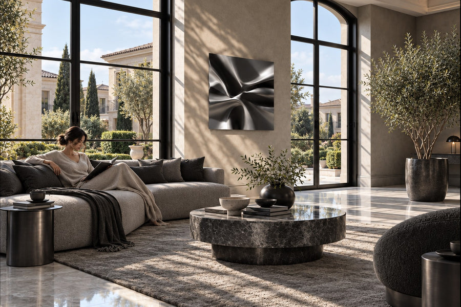 Kaze — satin stainless steel square wall sculpture rippling like wind, installed on the wall of a furnished room