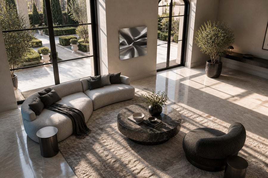 Kaze — satin stainless steel square wall sculpture rippling like wind, seen from above in the room