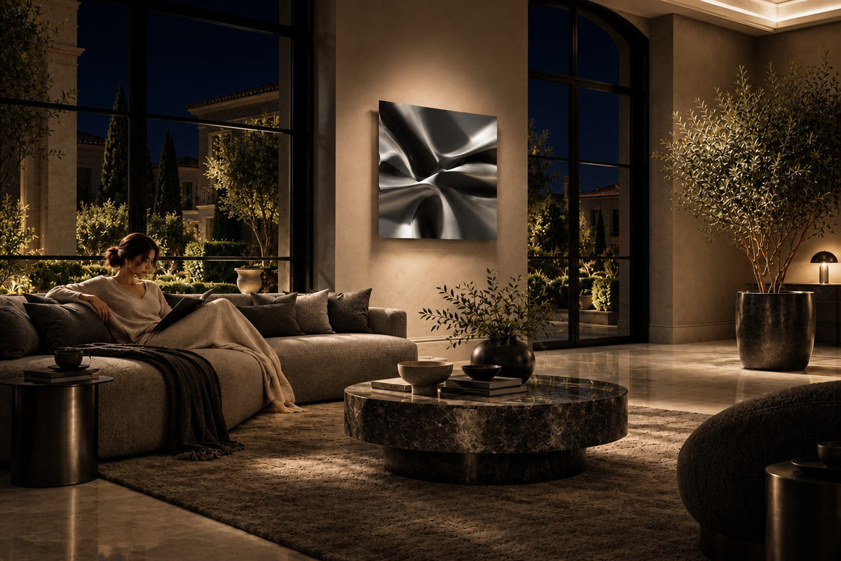 Kaze — satin stainless steel square wall sculpture rippling like wind, the same room at night, lamps on