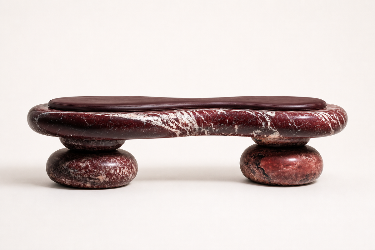 Kaze stone sculptural bench, studio view of the whole piece