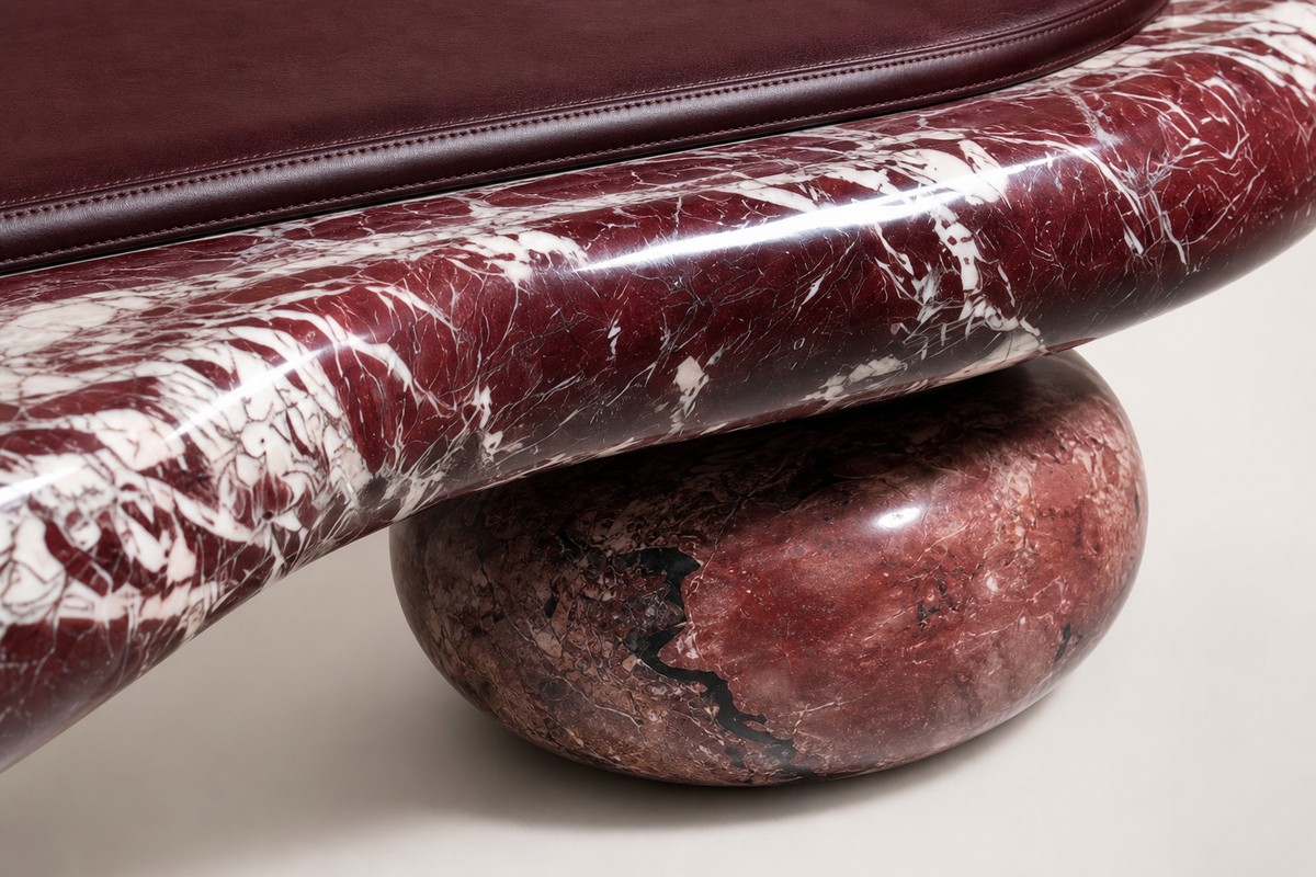 Kaze stone sculptural bench, close studio detail of the surface and material