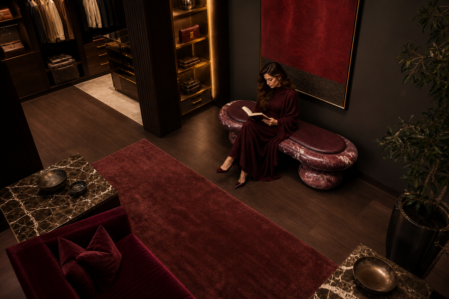 Kaze stone sculptural bench, overhead view in a room setting