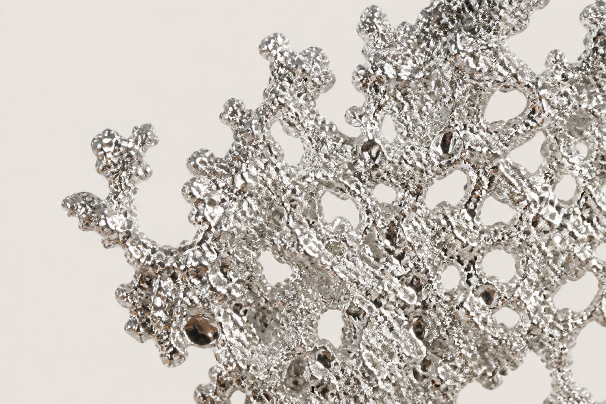 Kessho — silver crystal-cluster sculpture growing upward like frosted coral, close detail of the surface and edge