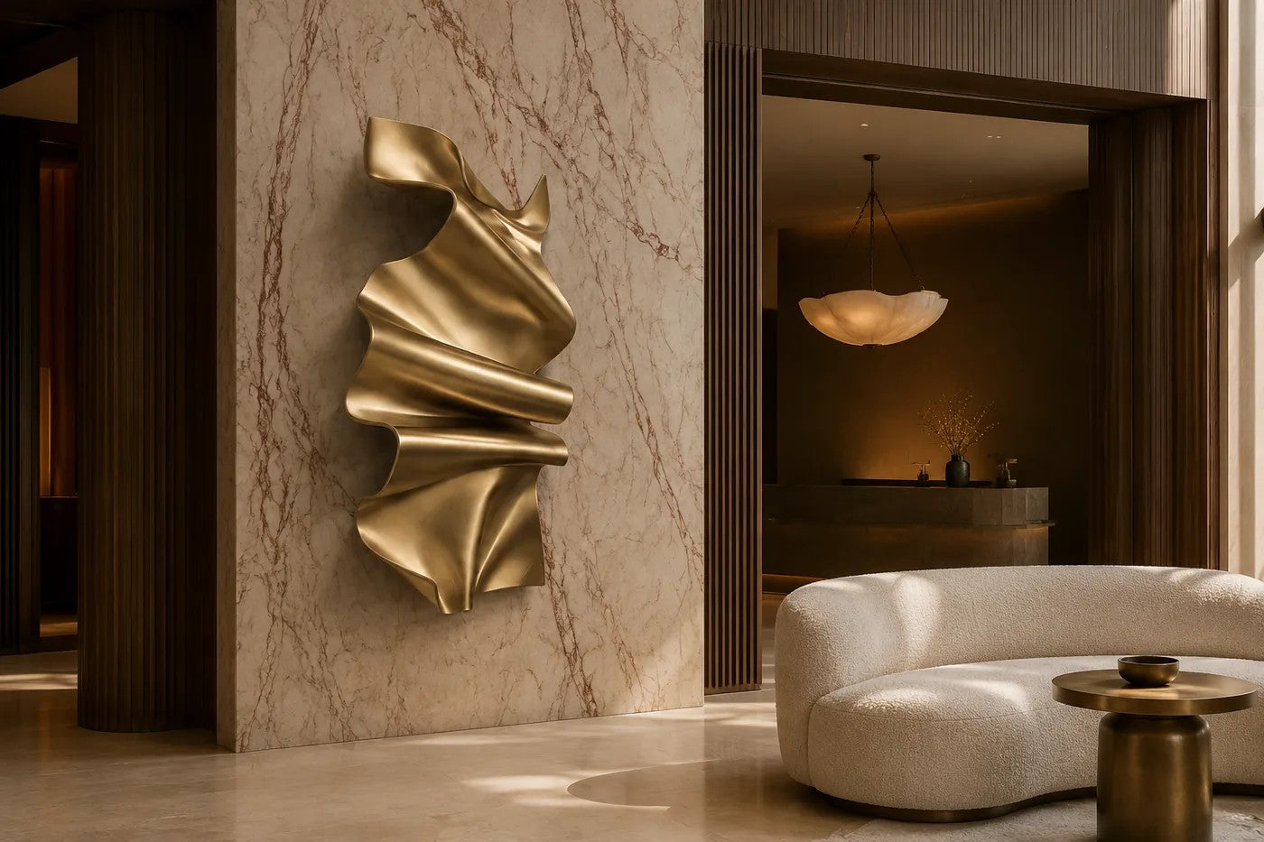 Polished gold brass wall sculpture Manto, a draped sheet caught mid-fall and fixed at one edge, on a plaster wall.