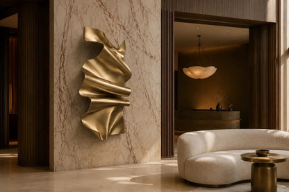 Polished gold brass wall sculpture Manto, a draped sheet caught mid-fall and fixed at one edge, on a plaster wall.