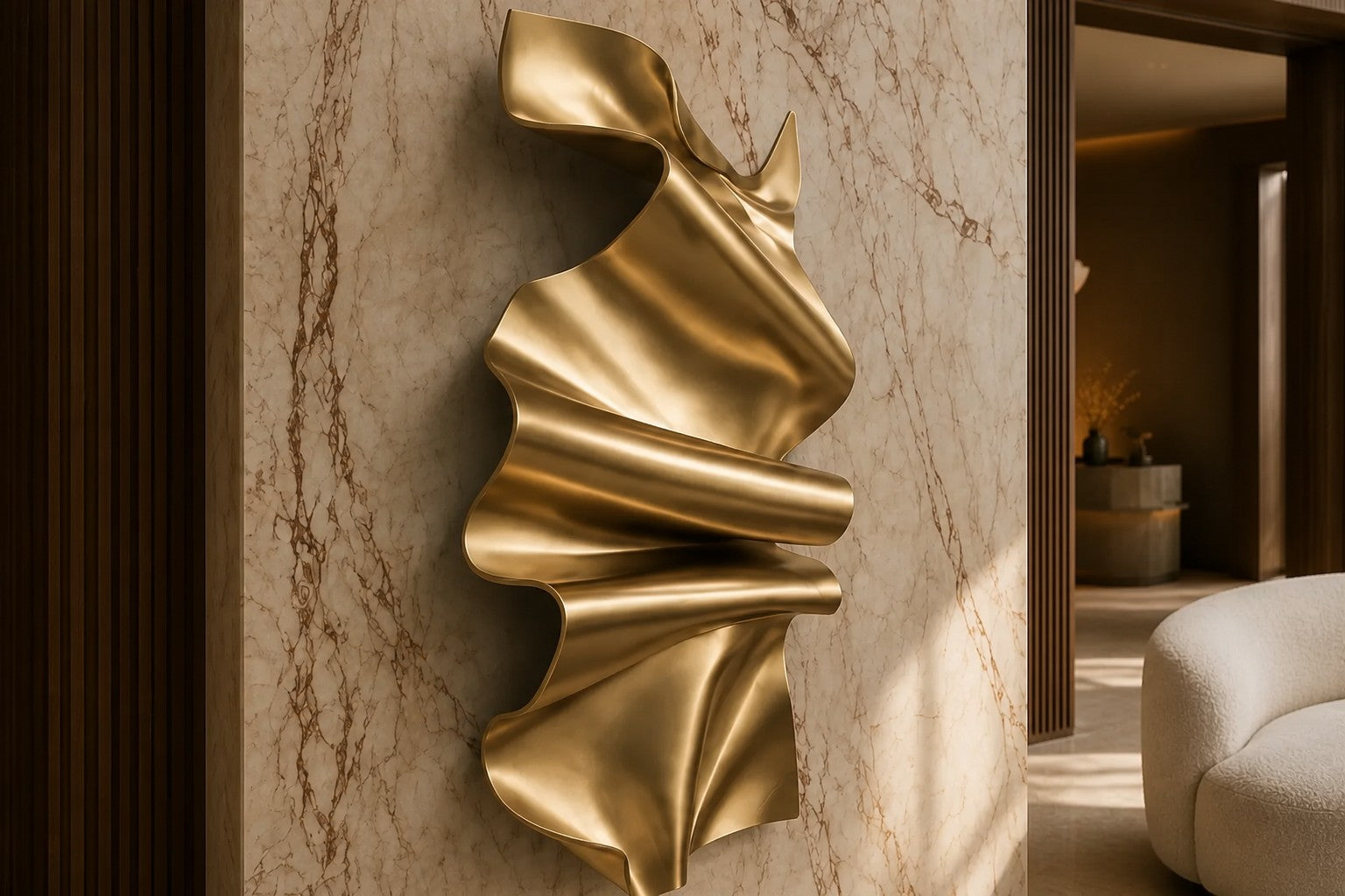 Polished gold brass wall sculpture Manto, a draped sheet caught mid-fall and fixed at one edge, on a plaster wall.