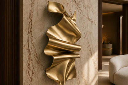 Polished gold brass wall sculpture Manto, a draped sheet caught mid-fall and fixed at one edge, on a plaster wall.