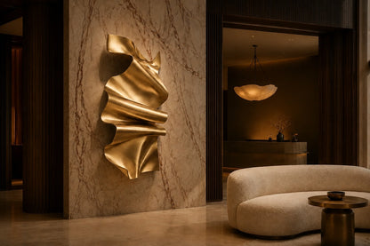 Polished gold brass wall sculpture Manto, a draped sheet caught mid-fall and fixed at one edge, on a plaster wall.