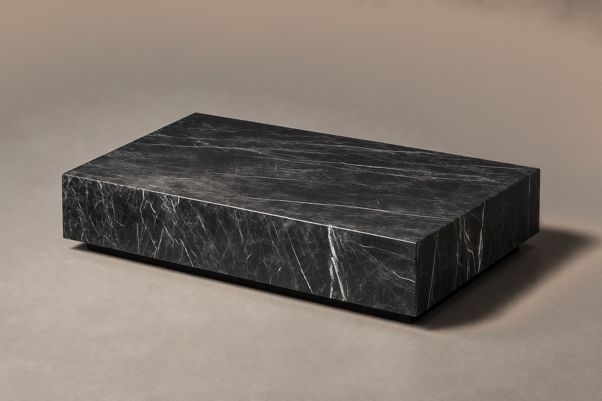 Knife-Edge Base Long black marble plinth base by 1-OPH, three-quarter studio view