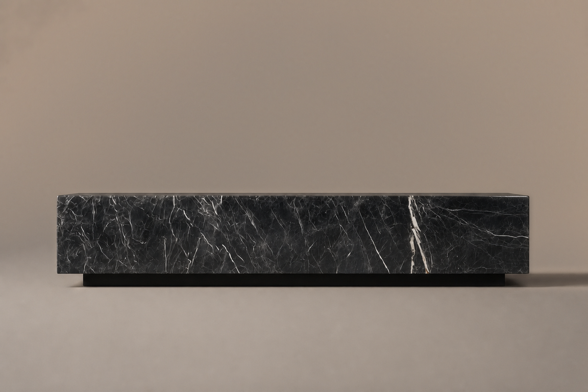 Knife-Edge Base Long black marble plinth base by 1-OPH, side elevation