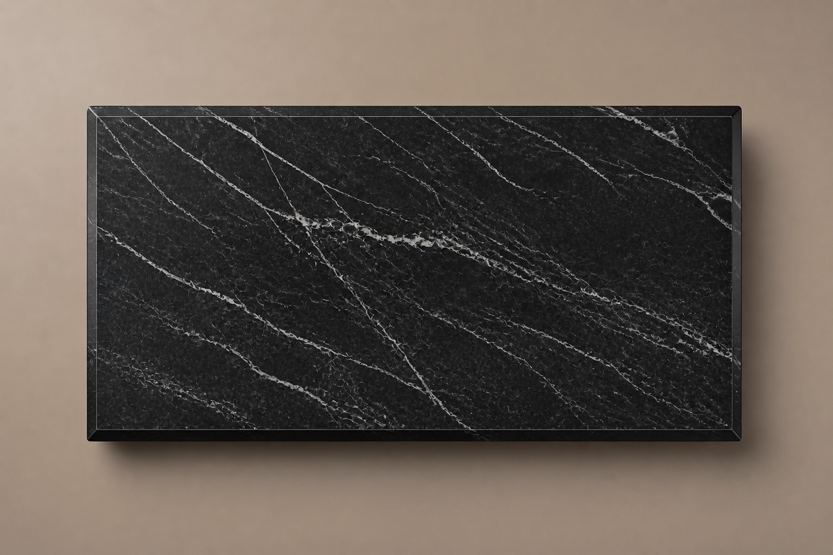 Knife-Edge Base Tapered black marble plinth base by 1-OPH, overhead view