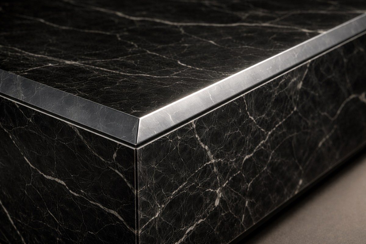 Knife-Edge Base Tapered black marble plinth base by 1-OPH, surface detail