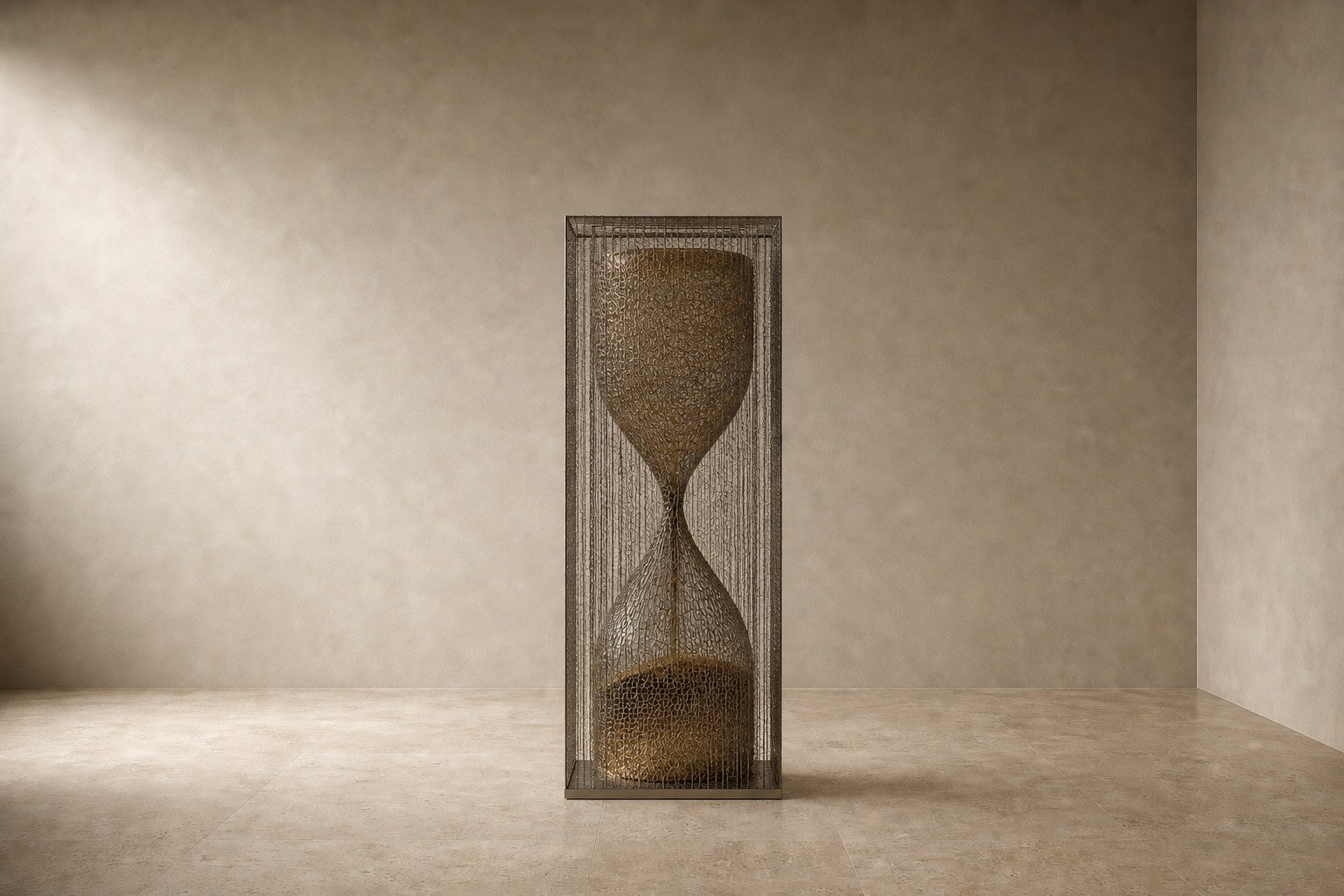 Woven bronze wire sculpture Kochab, an hourglass form packed with loose wire, suspended inside a tall wire case.