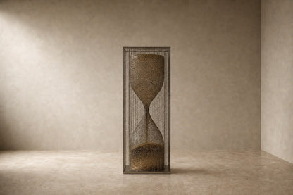 Woven bronze wire sculpture Kochab, an hourglass form packed with loose wire, suspended inside a tall wire case.