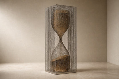Woven bronze wire sculpture Kochab, an hourglass form packed with loose wire, suspended inside a tall wire case.