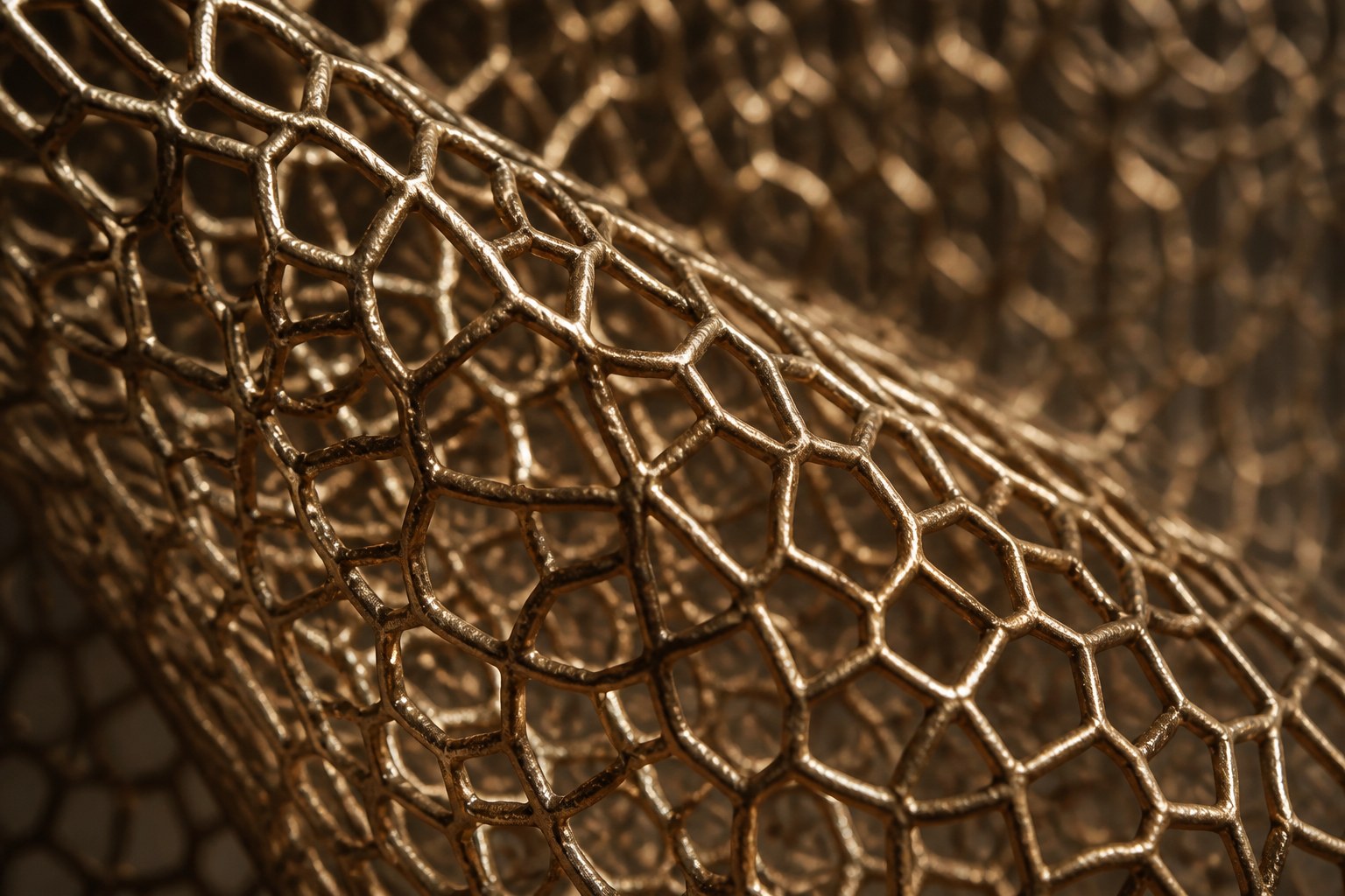 Woven bronze wire sculpture Kochab, an hourglass form packed with loose wire, suspended inside a tall wire case.