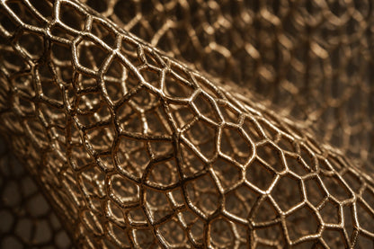 Woven bronze wire sculpture Kochab, an hourglass form packed with loose wire, suspended inside a tall wire case.