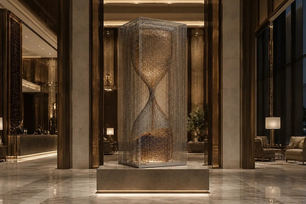 Woven bronze wire sculpture Kochab, an hourglass form packed with loose wire, suspended inside a tall wire case.