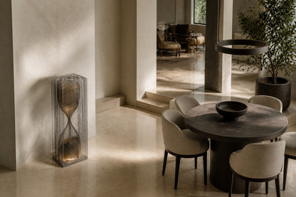 Woven bronze wire sculpture Kochab, an hourglass form packed with loose wire, suspended inside a tall wire case.