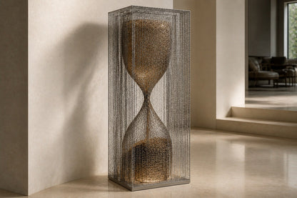 Woven bronze wire sculpture Kochab, an hourglass form packed with loose wire, suspended inside a tall wire case.