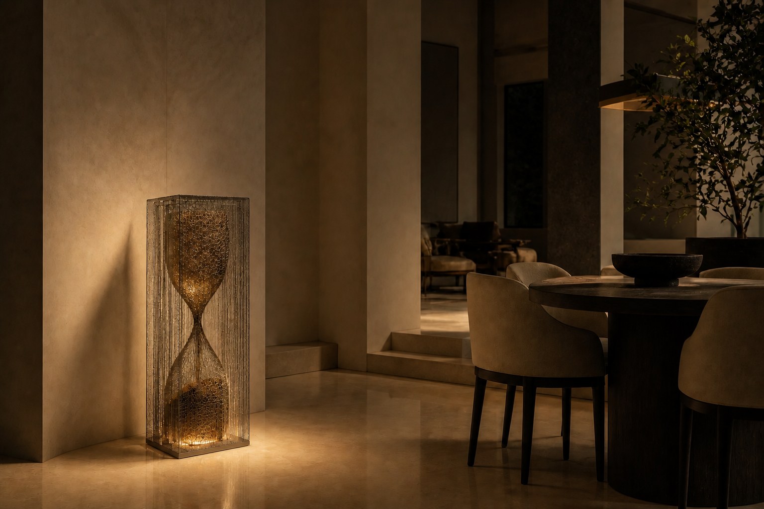 Woven bronze wire sculpture Kochab, an hourglass form packed with loose wire, suspended inside a tall wire case.
