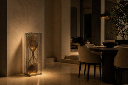 Woven bronze wire sculpture Kochab, an hourglass form packed with loose wire, suspended inside a tall wire case.