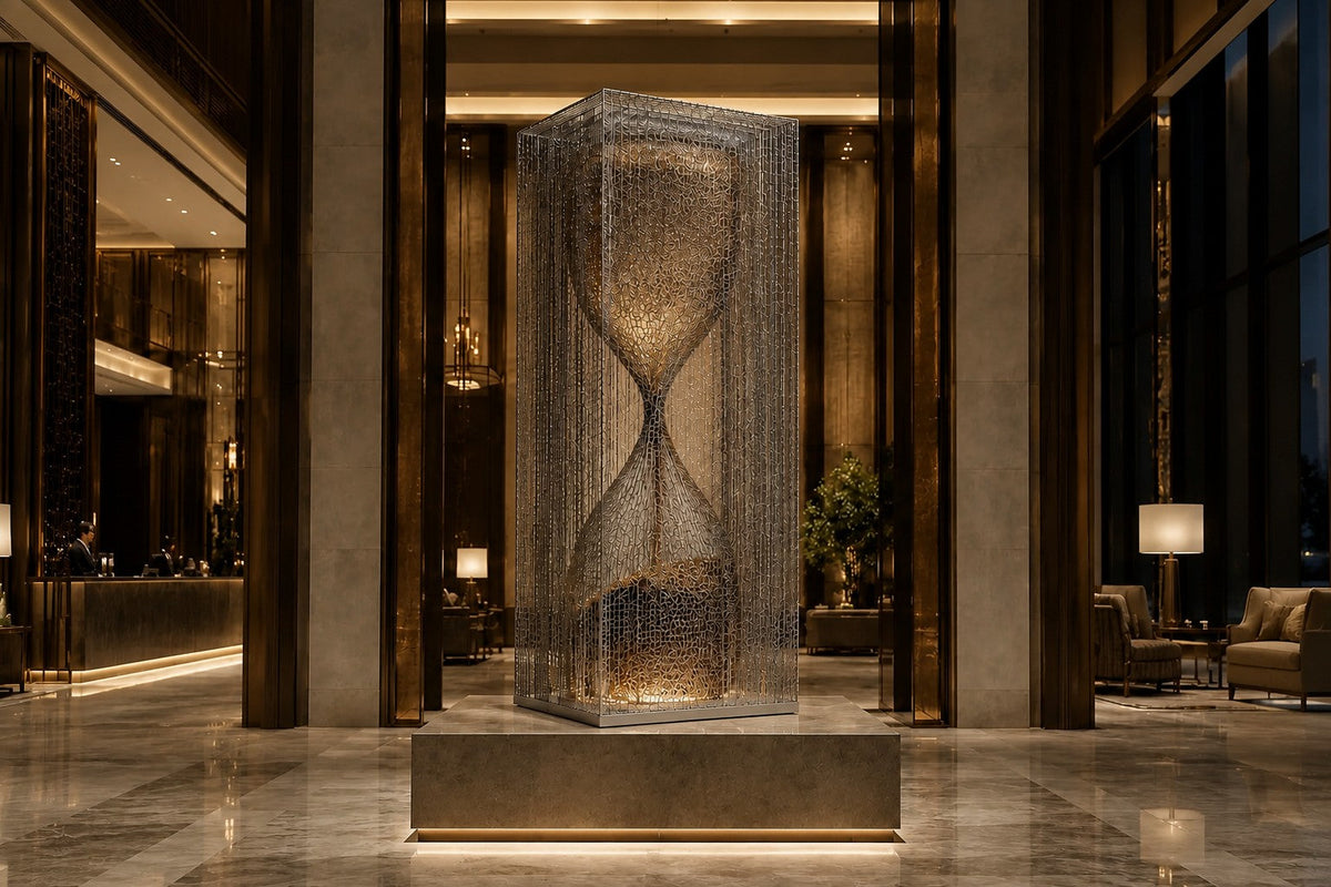 Woven bronze wire sculpture Kochab, an hourglass form packed with loose wire, suspended inside a tall wire case.