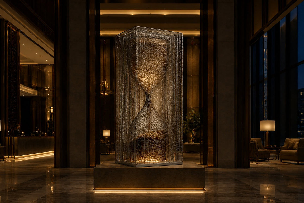 Woven bronze wire sculpture Kochab, an hourglass form packed with loose wire, suspended inside a tall wire case.