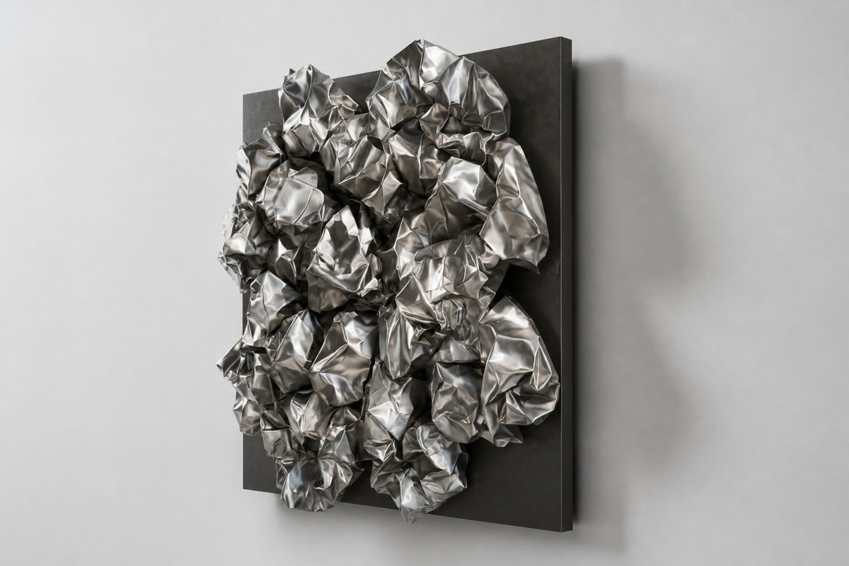 Kori — crumpled polished stainless steel square wall sculpture, studio side angle showing its depth