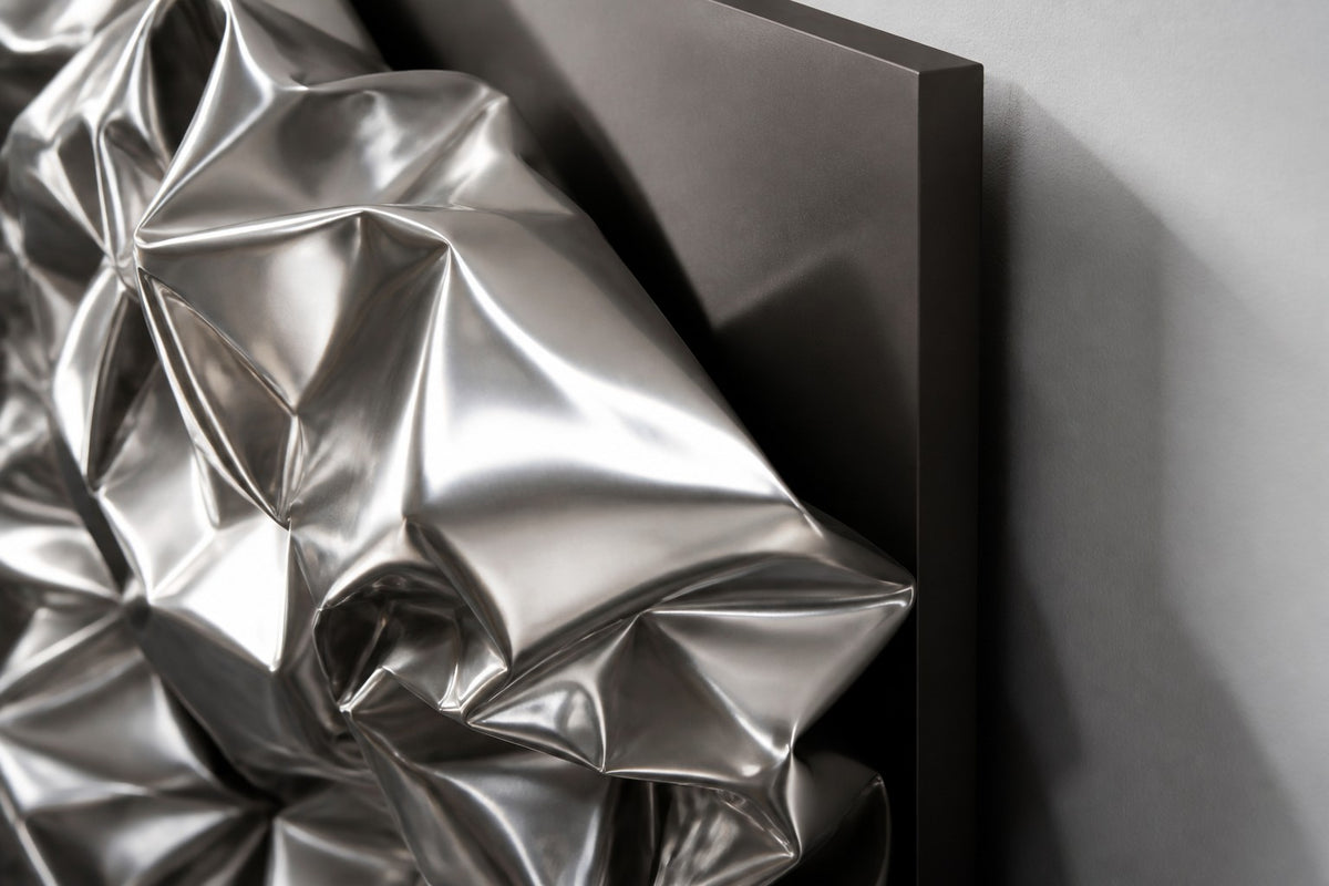 Kori — crumpled polished stainless steel square wall sculpture, close detail of the surface and edge