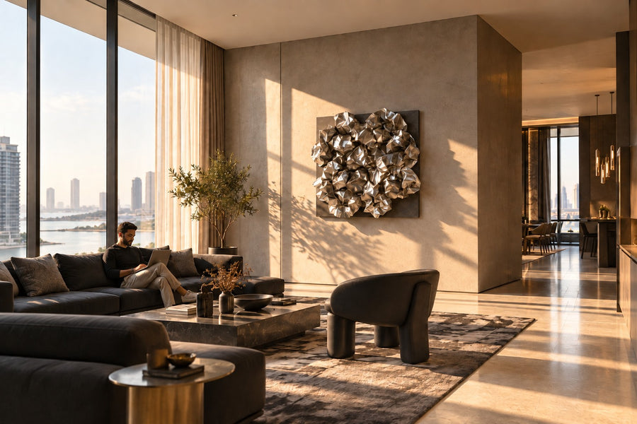 Kori — crumpled polished stainless steel square wall sculpture, installed on the wall of a furnished room