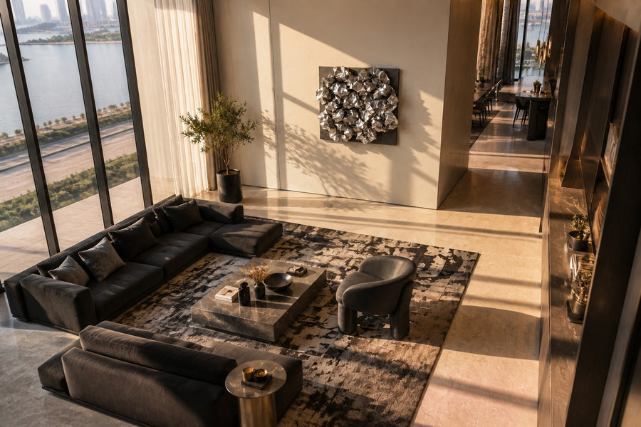 Kori — crumpled polished stainless steel square wall sculpture, seen from above in the room