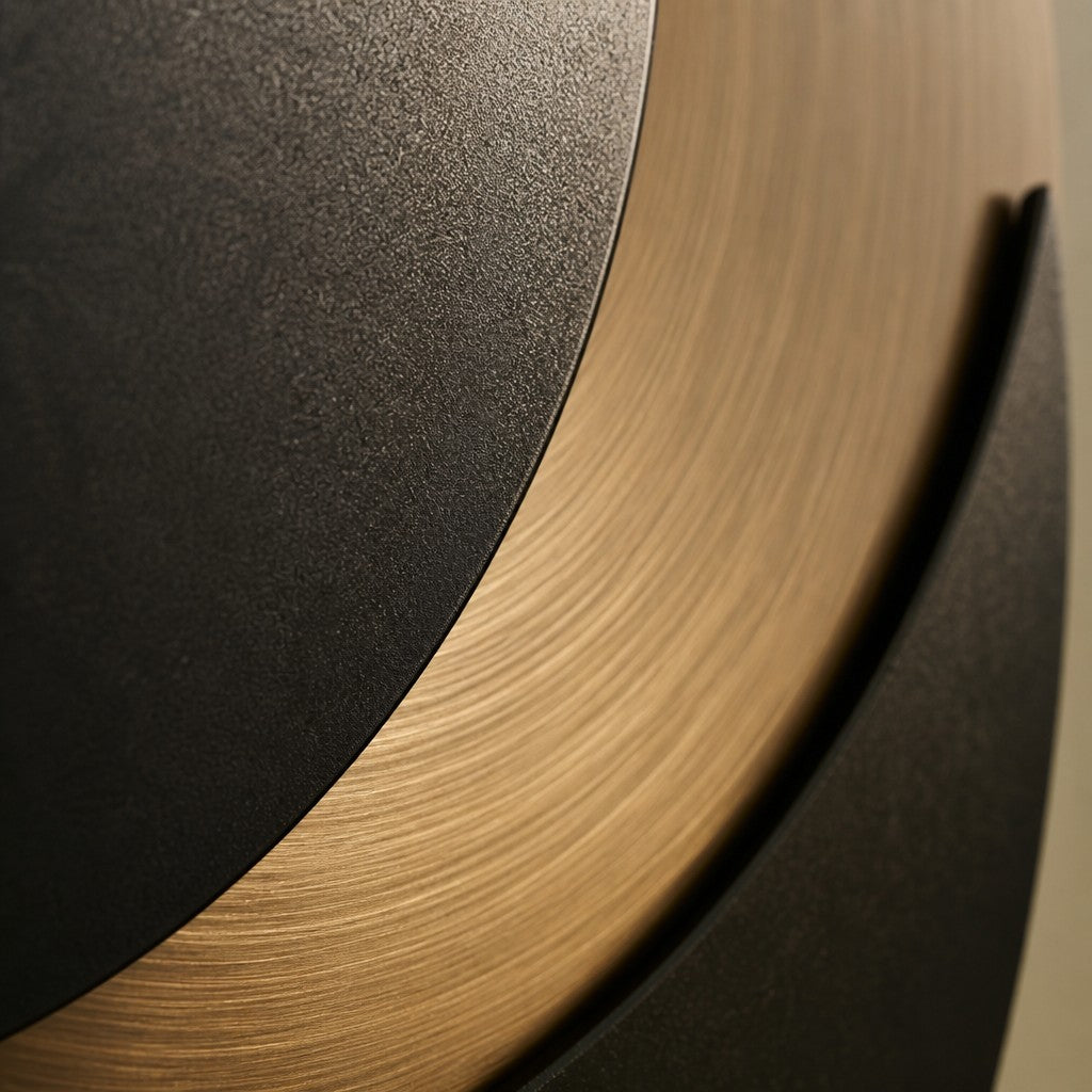Black and warm gold bronze wall sculpture Kusuf, a matte disc overlapping a gilded crescent, on a plaster wall.