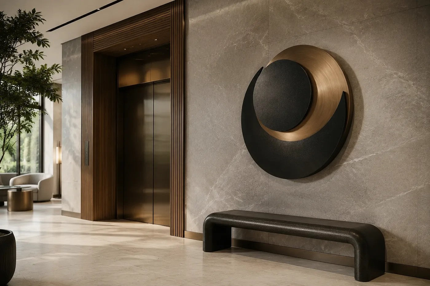 Black and warm gold bronze wall sculpture Kusuf, a matte disc overlapping a gilded crescent, on a plaster wall.