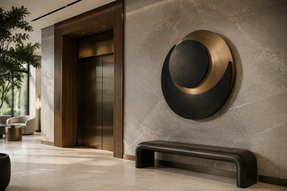 Black and warm gold bronze wall sculpture Kusuf, a matte disc overlapping a gilded crescent, on a plaster wall.