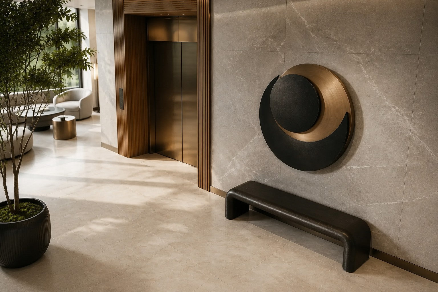 Black and warm gold bronze wall sculpture Kusuf, a matte disc overlapping a gilded crescent, on a plaster wall.