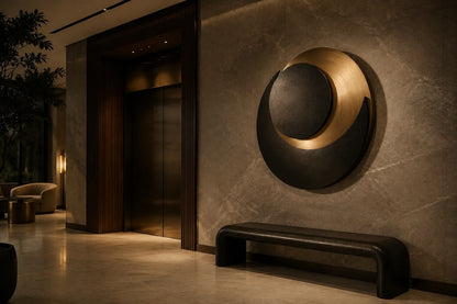 Black and warm gold bronze wall sculpture Kusuf, a matte disc overlapping a gilded crescent, on a plaster wall.