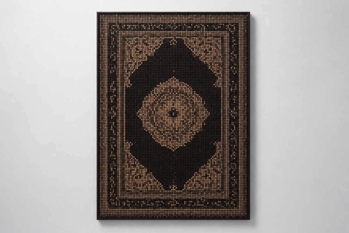 Lachak — black and bronze stud relief of a Persian carpet, studio front view