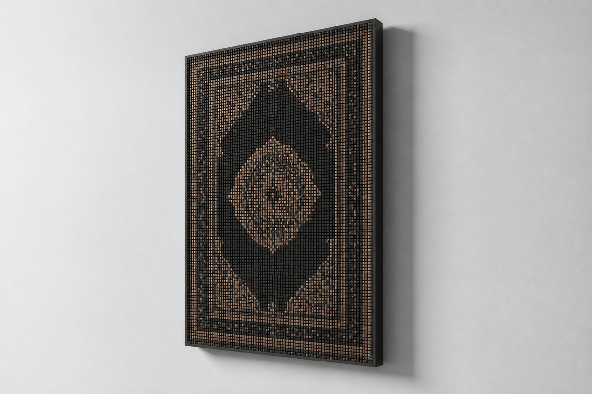 Lachak — black and bronze stud relief of a Persian carpet, studio side angle showing its depth