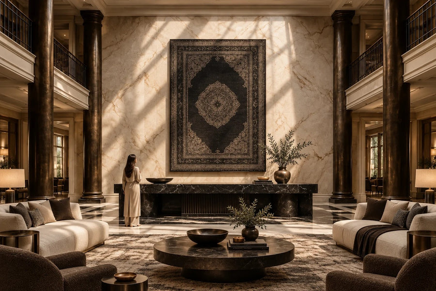 Lachak — black and bronze stud relief of a Persian carpet, installed on the wall of a furnished room